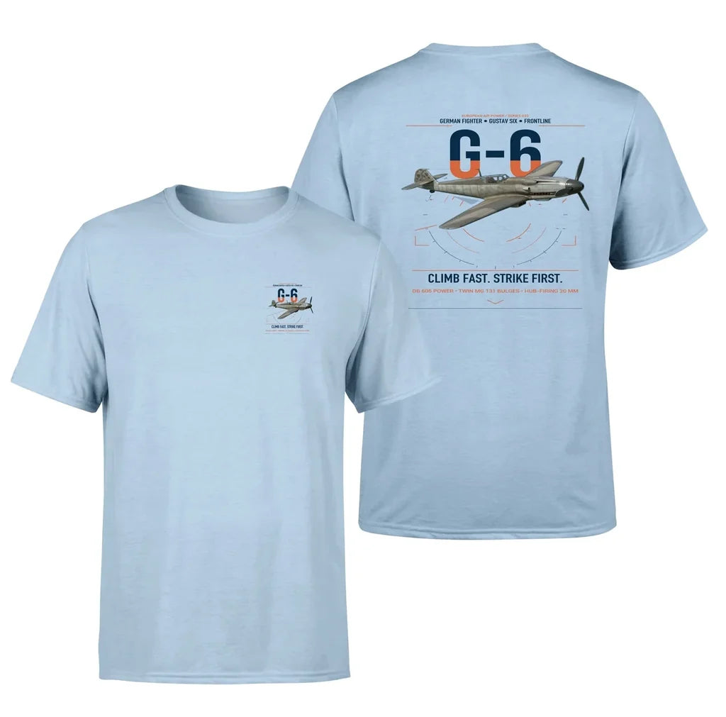 Messerschmitt Bf 109G-6 design on light blue t-shirt, double-side print