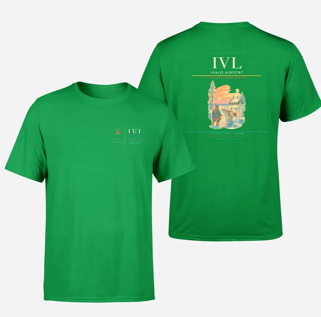 Ivalo Airport (IVL) design printed on green double-side t-shirt