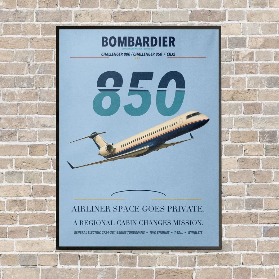 Bombardier Challenger 850 vertical canvas print - framed - light blue background