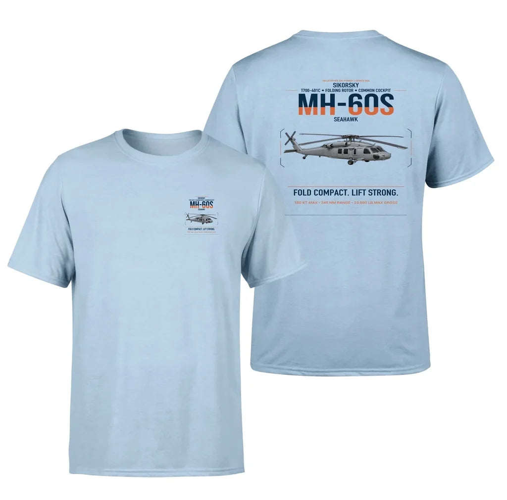 Sikorsky MH-60S Seahawk design on light blue t-shirt, double-side print