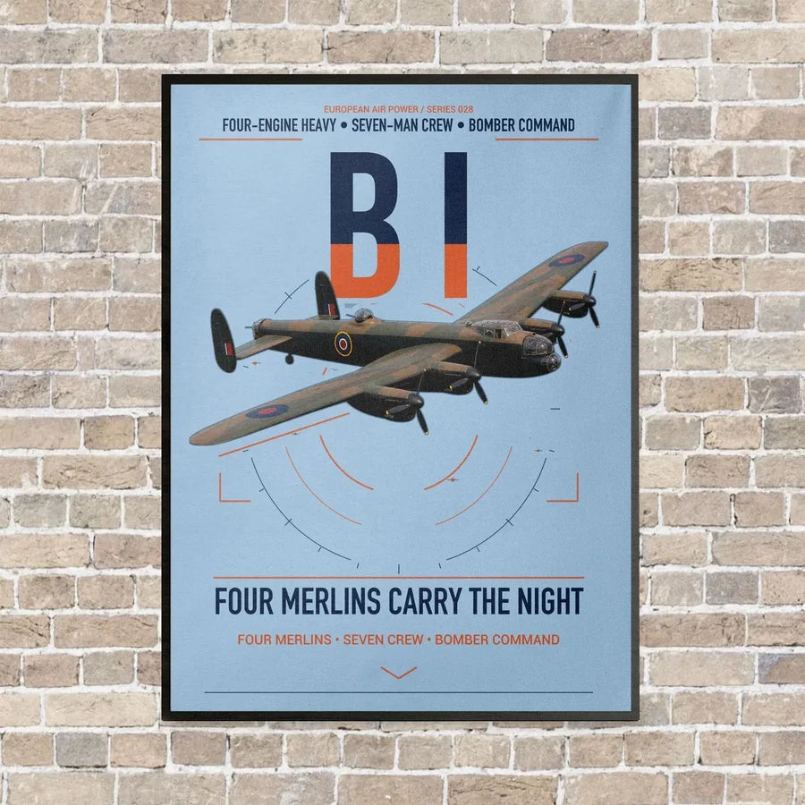 Avro Lancaster B I vertical canvas print - framed - light blue background