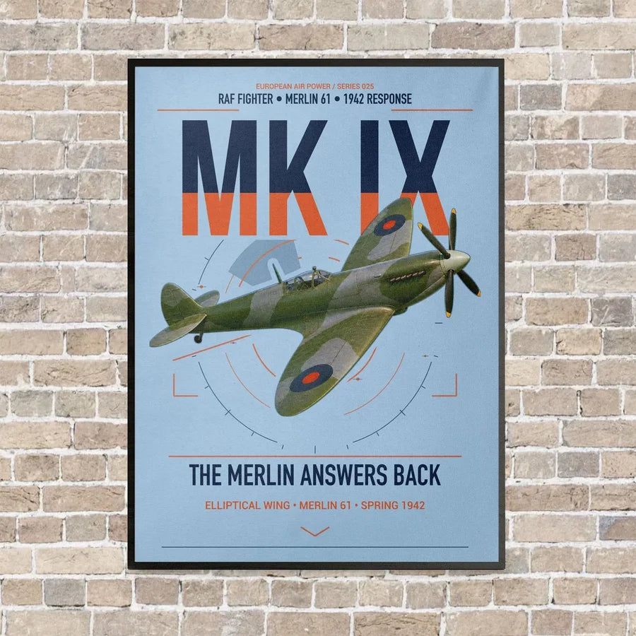 Supermarine Spitfire Mk IX vertical canvas print - framed - light blue background