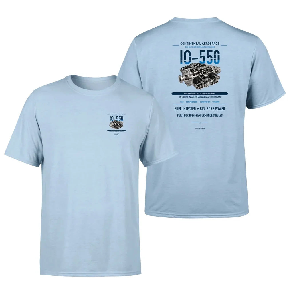 IO-550 design on light blue t shirt