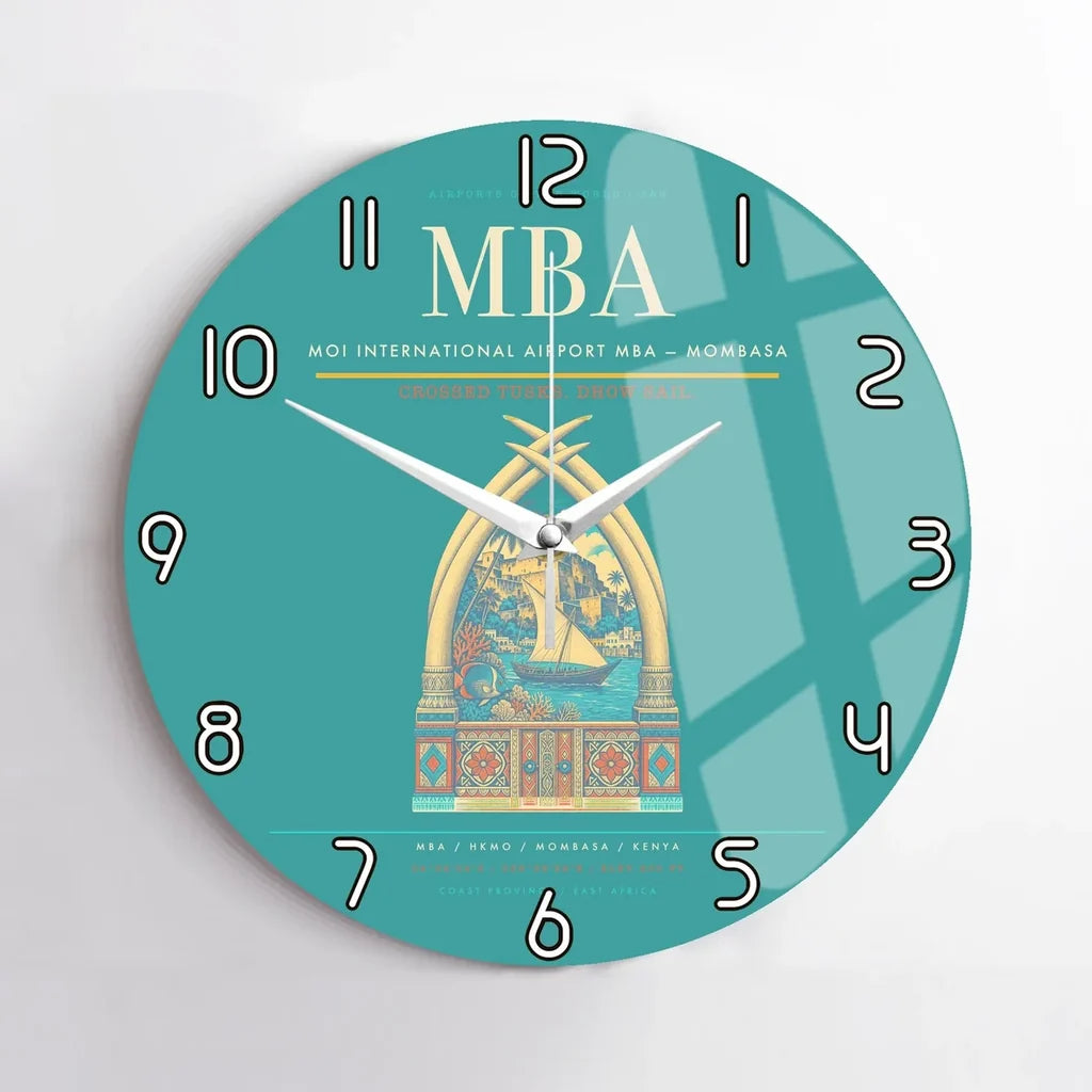 Moi International Airport (MBA) design on turquoise no frame wall clock