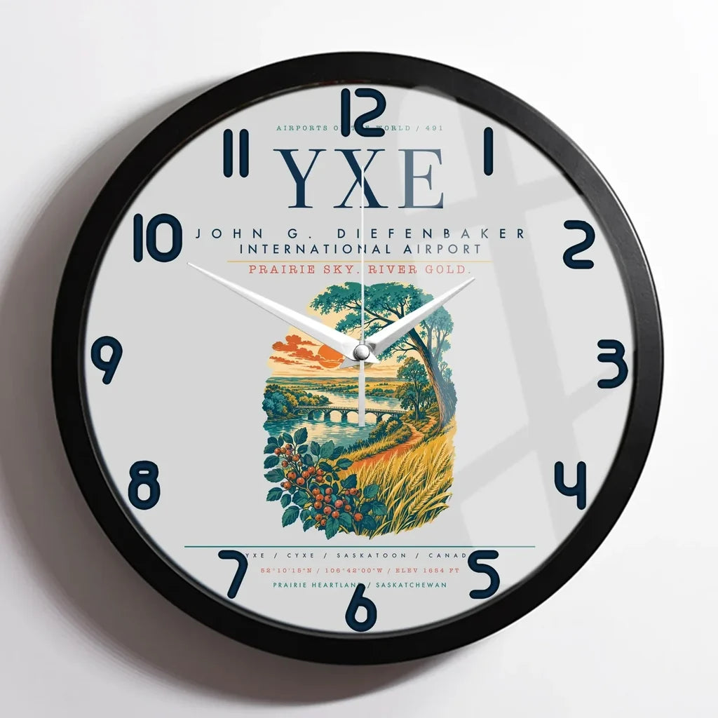 Saskatoon John G. Diefenbaker International Airport (YXE) design on light gray framed wall clock