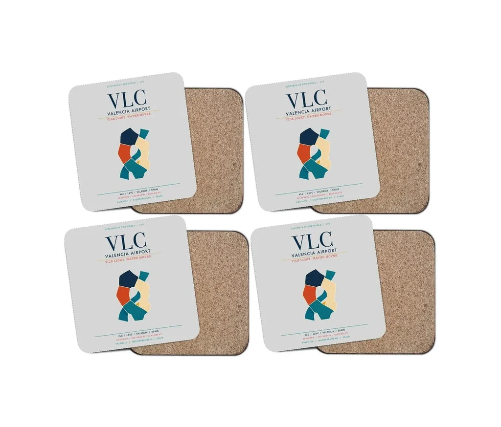 Valencia Airport (VLC) design on light gray 4 pieces set coaster