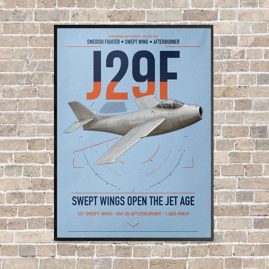 Saab J 29F Tunnan vertical canvas print - framed - light blue background