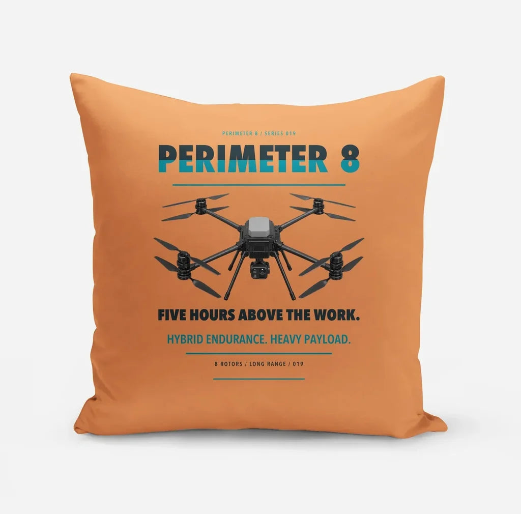 Skyfront Perimeter 8 design on orange pillow
