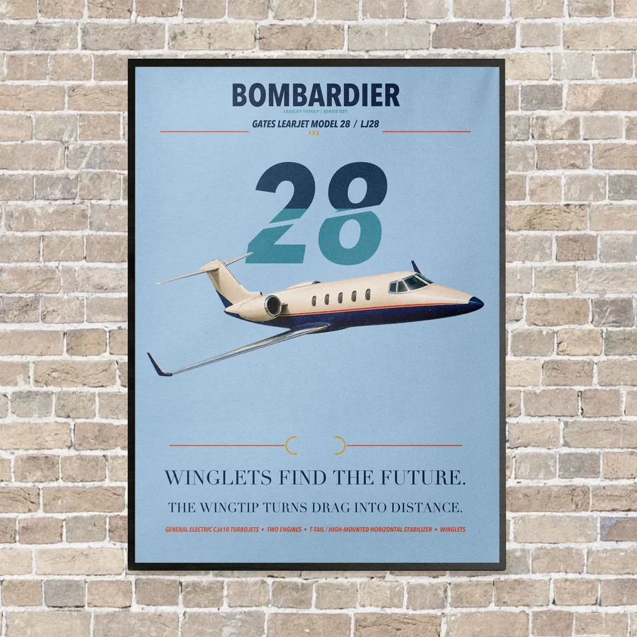 Bombardier Learjet 28 vertical canvas print - framed - light blue background