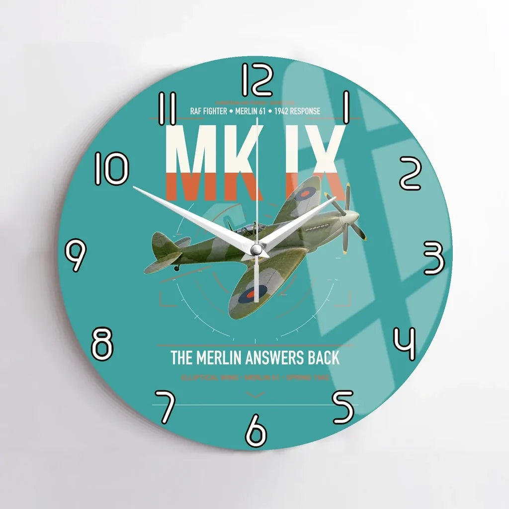 Supermarine Spitfire Mk IX design on turquoise no frame wall clock
