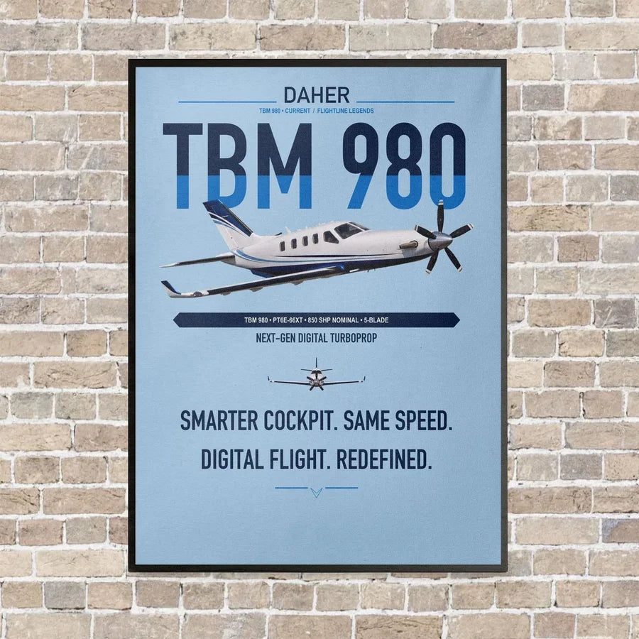 Daher TBM 980 vertical canvas print - framed - light blue background