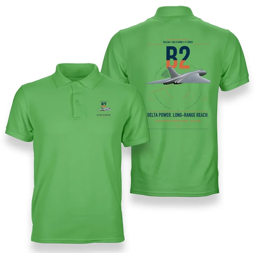 Avro Vulcan B2 design on light green double-side polo t-shirt, double-side print