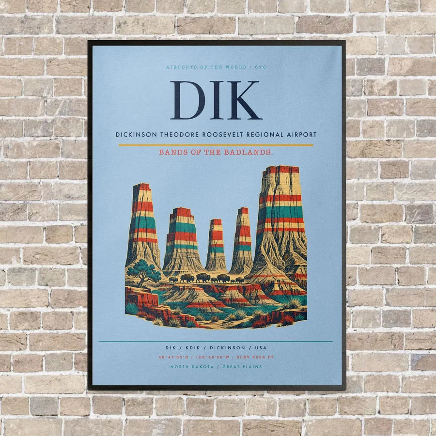Dickinson Theodore Roosevelt Regional Airport DIK vertical canvas print - framed - light blue background