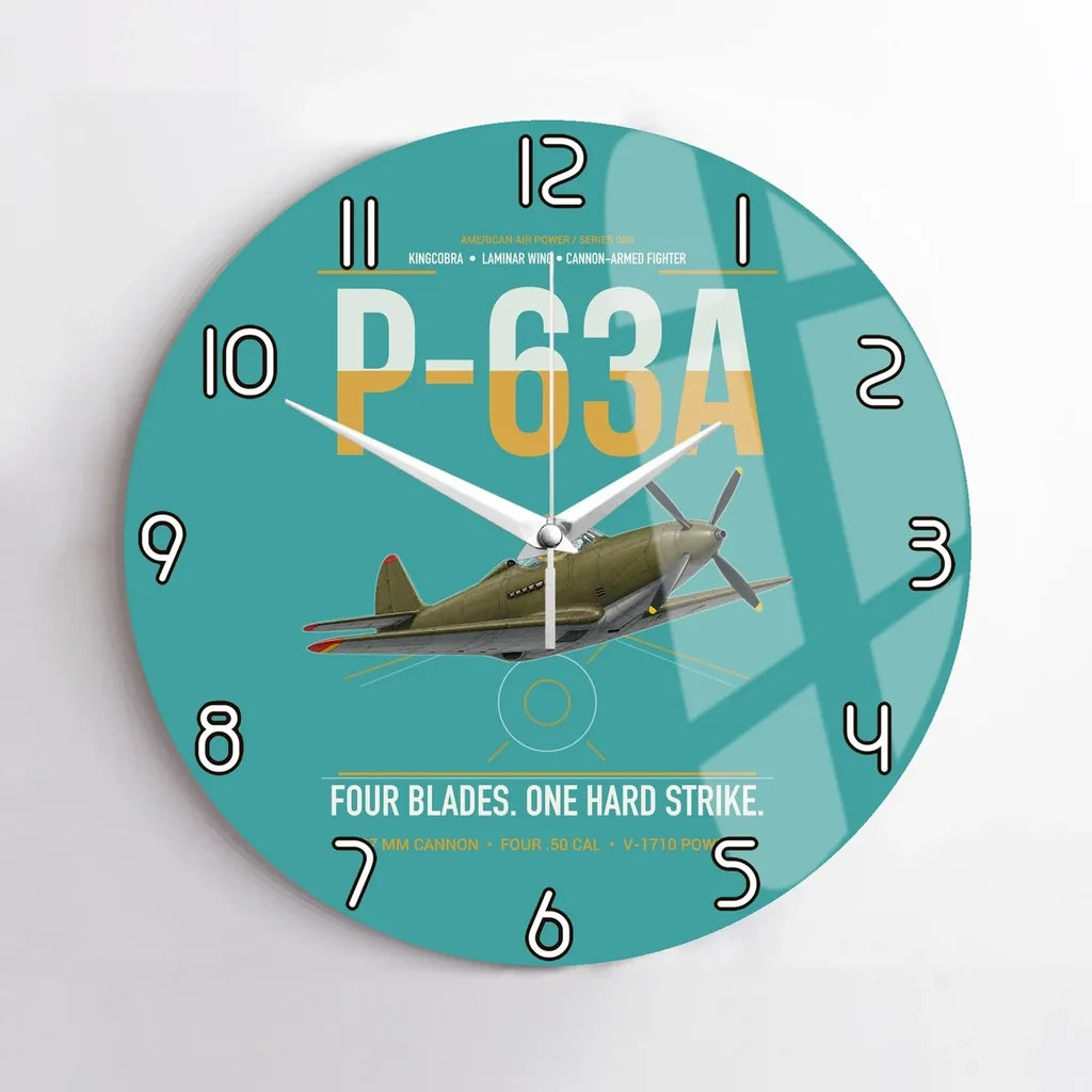 P-63A Kingcobra design on turquoise no frame wall clock