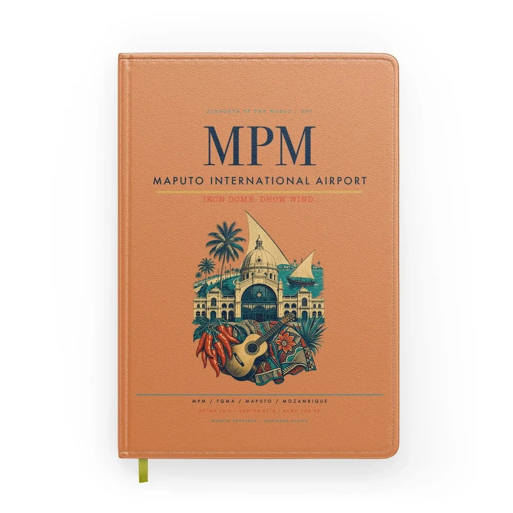 Maputo International Airport (MPM) design on orange notebook