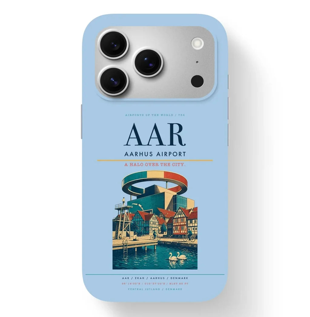 Aarhus Airport (AAR) design on light blue iPhone 17 Pro MagSafe case
