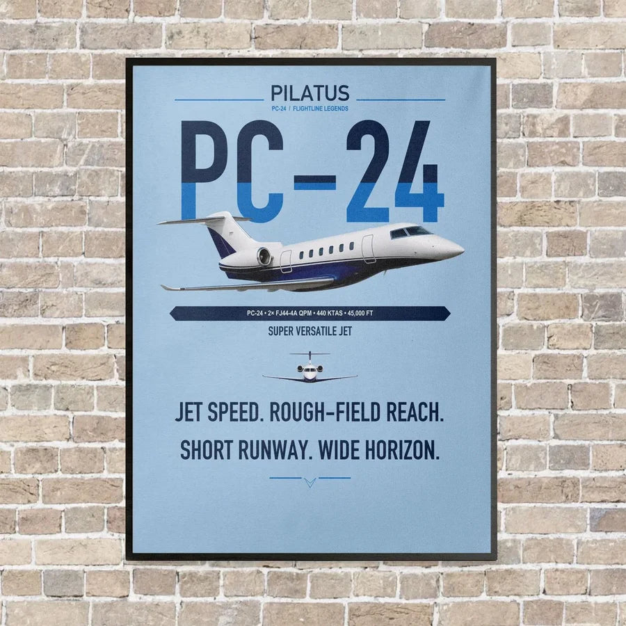 Pilatus PC-24 vertical canvas print - framed - light blue background