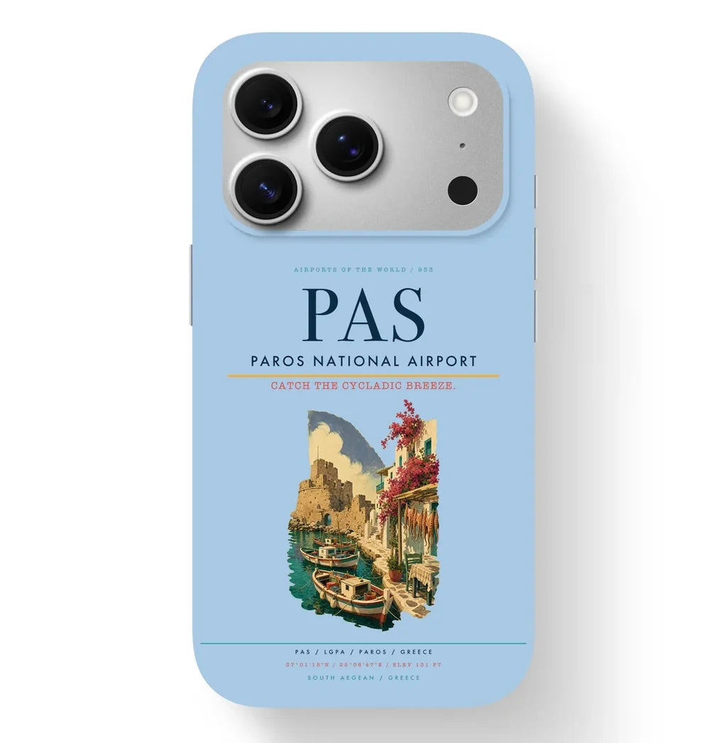 Paros Airport (PAS) design on light blue iPhone 17 Pro MagSafe case