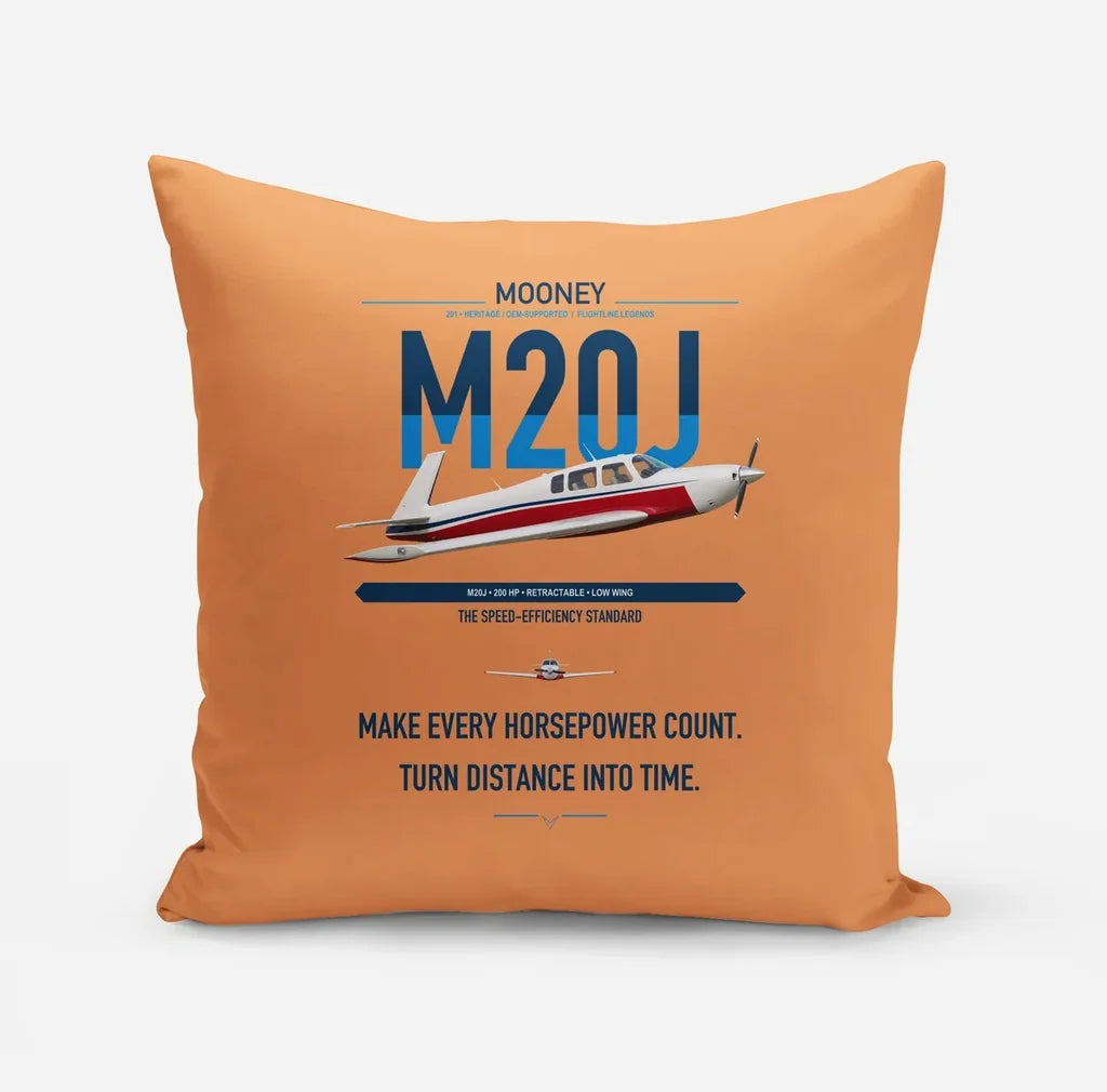 Mooney M20J 201 design on orange pillow