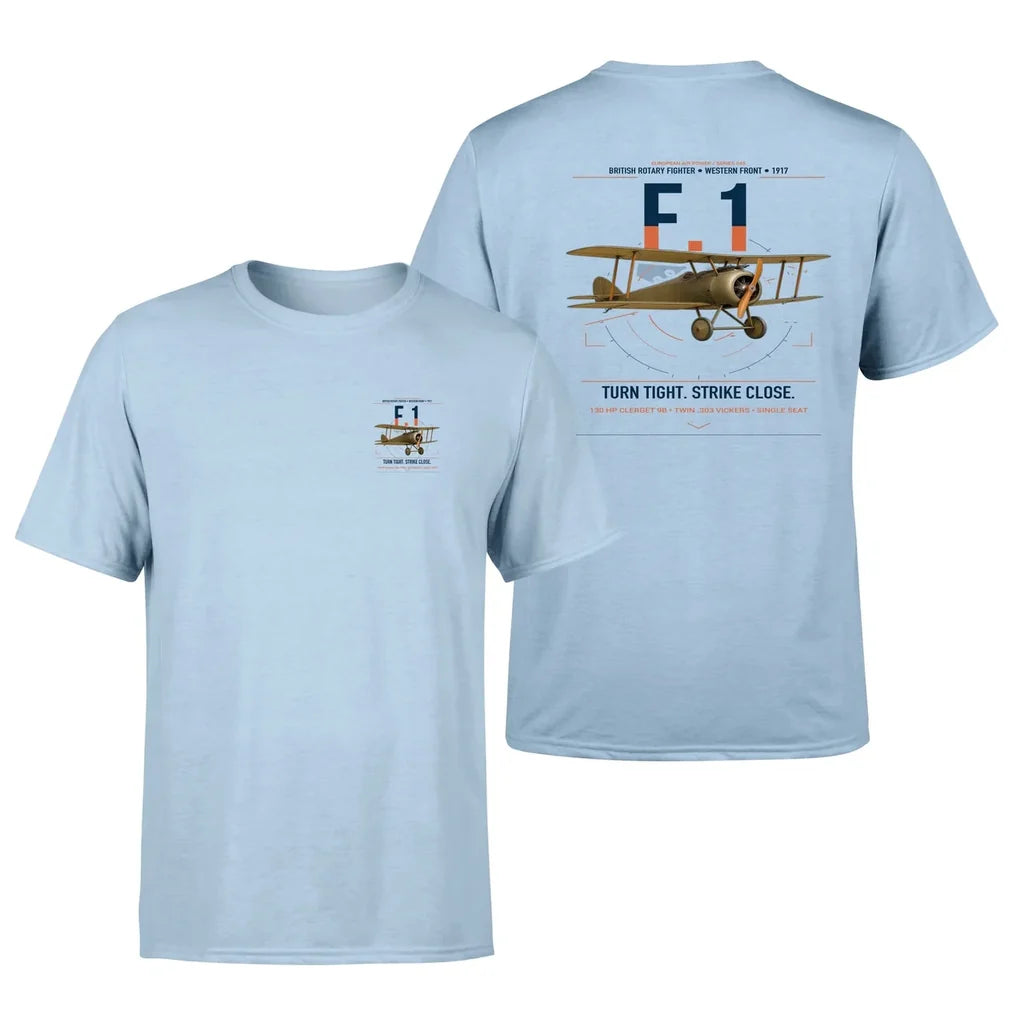 Sopwith Camel F.1 design on light blue t-shirt, double-side print