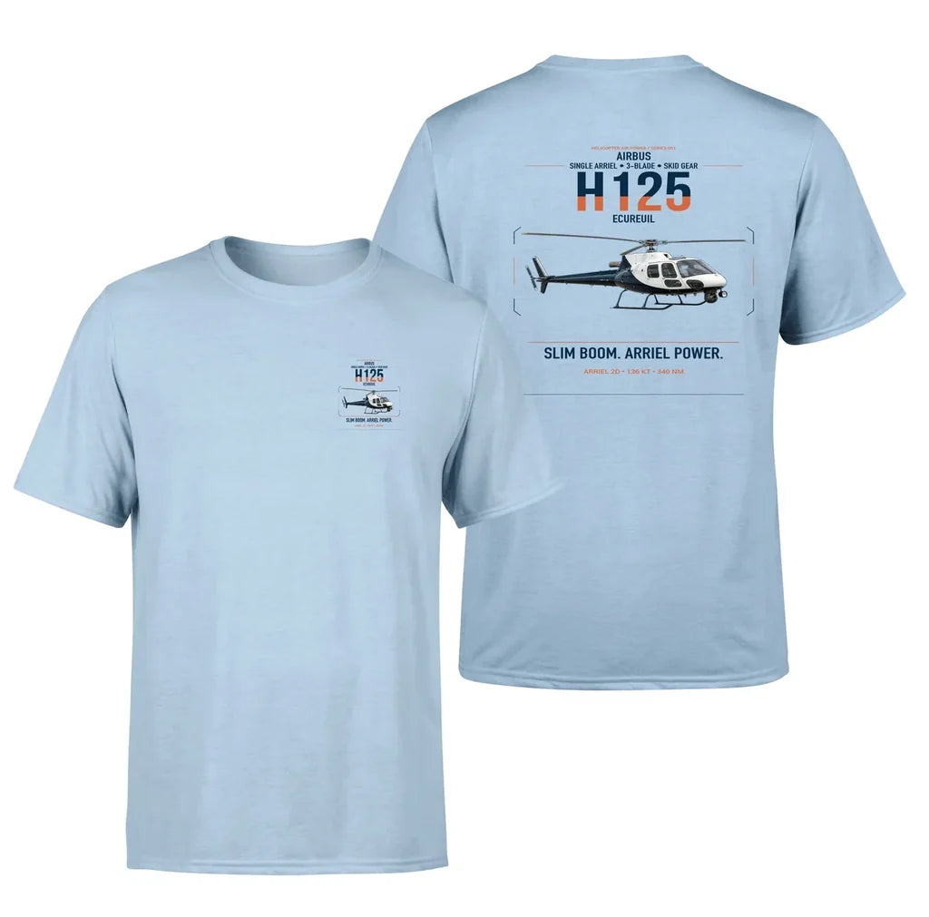 Airbus H125 design on light blue t-shirt, double-side print