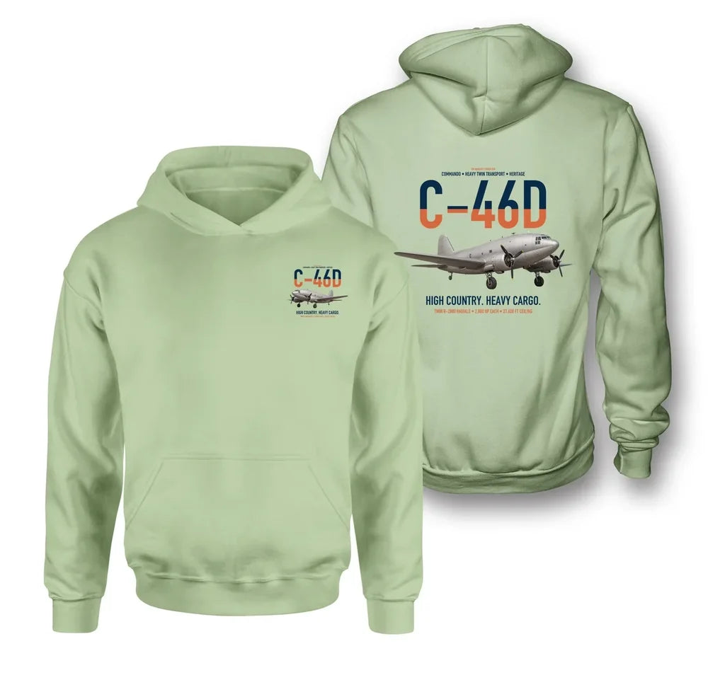C-46D Commando design on light green double-side hoodie, double-side print
