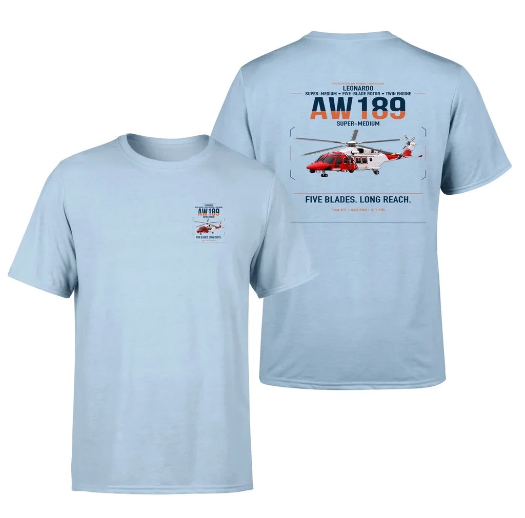 Leonardo AW189 design on light blue t-shirt, double-side print