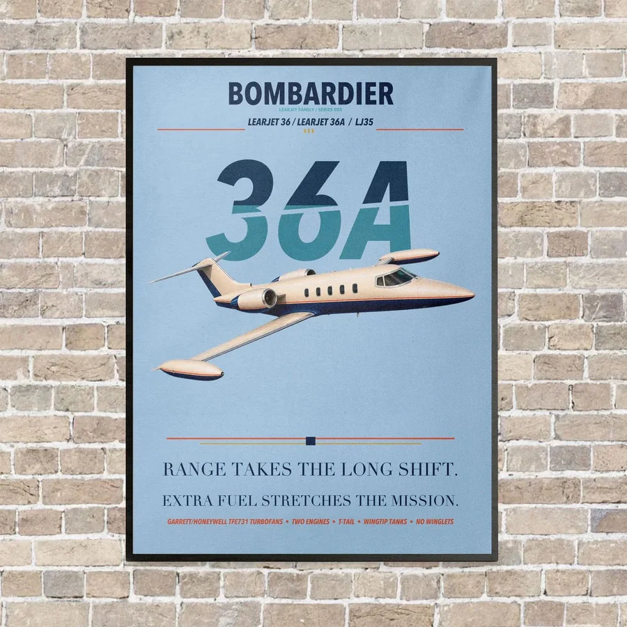Bombardier Learjet 36A vertical canvas print - framed - light blue background