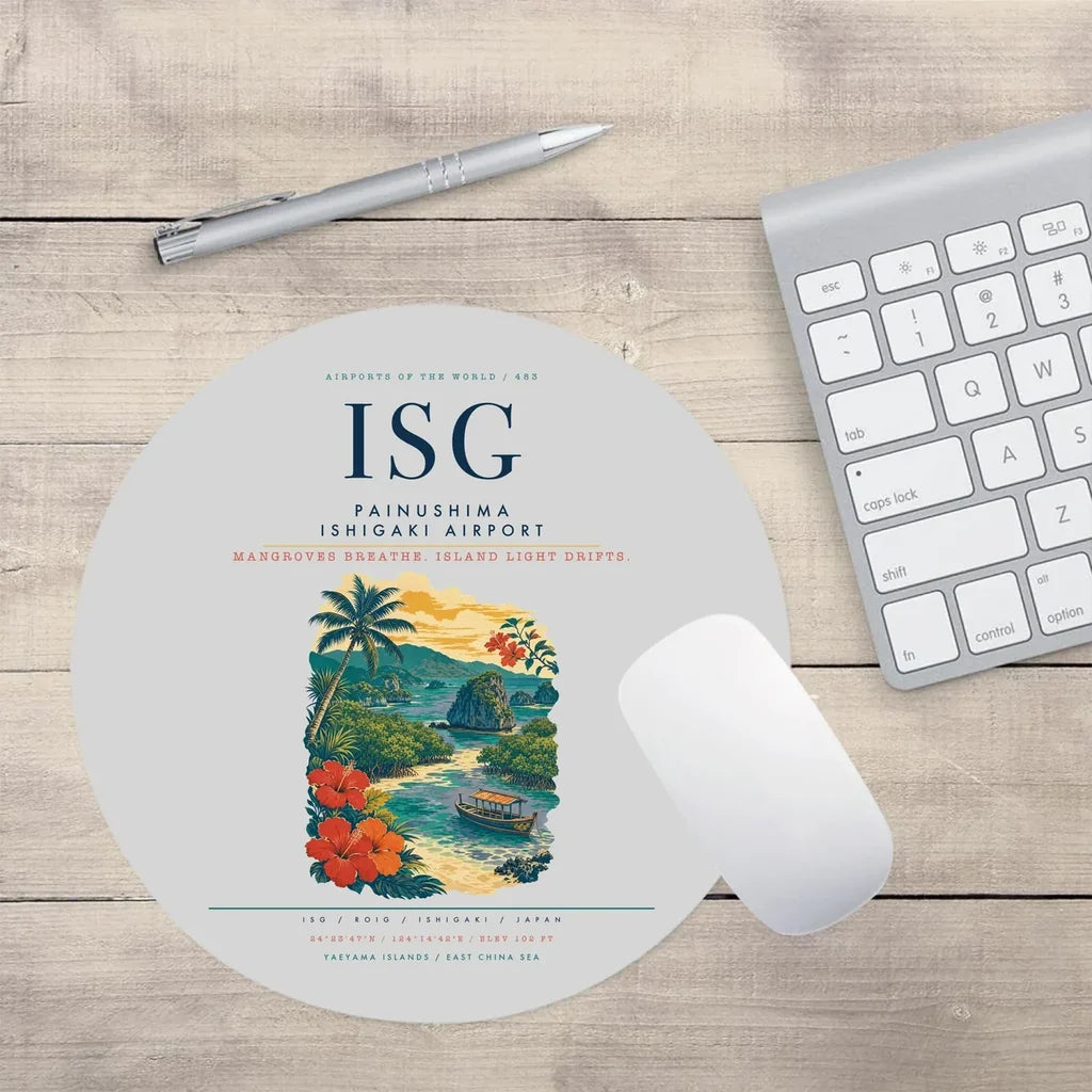 Painushima Ishigaki Airport (ISG) design on light gray round mouse pad