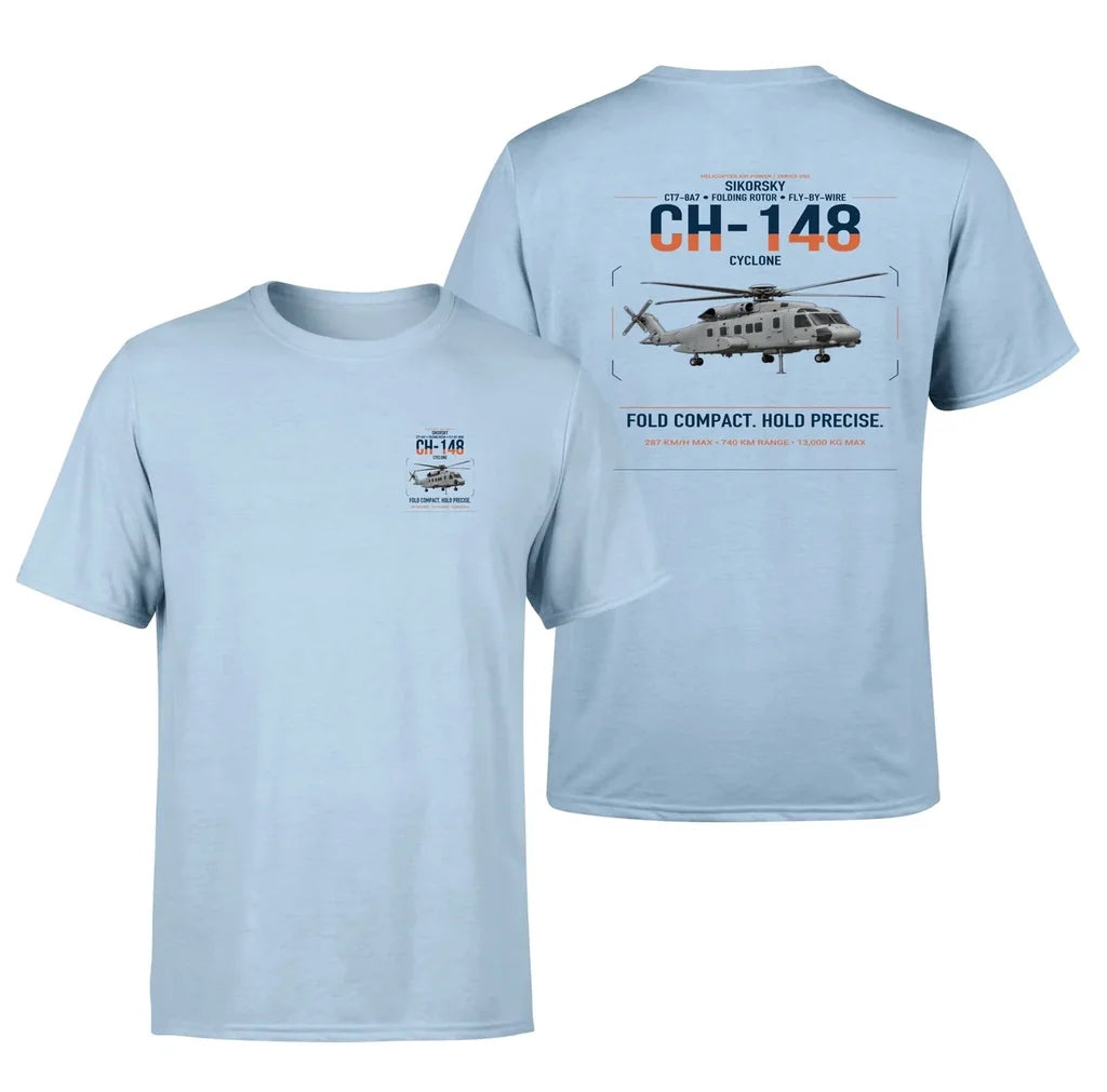 Sikorsky CH-148 Cyclone design on light blue t-shirt, double-side print