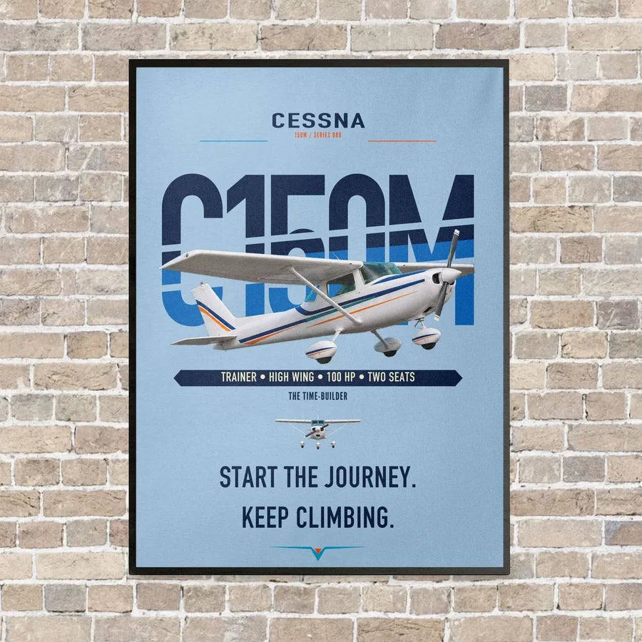 Cessna 150M vertical canvas print - framed - light blue background