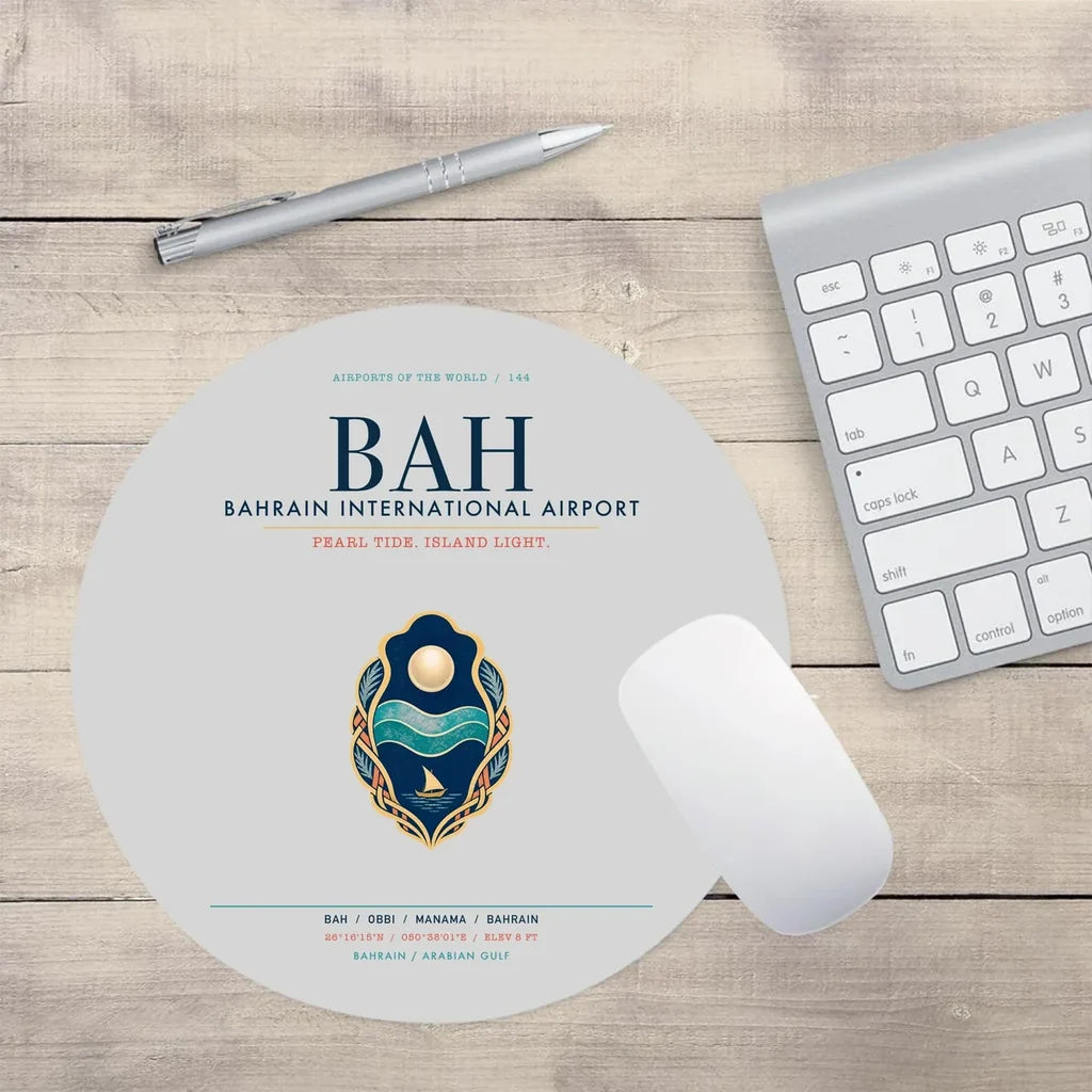 Bahrain International Airport (BAH) design on light gray round mouse pad