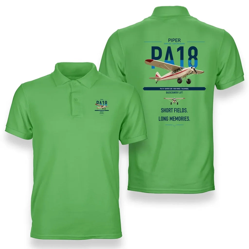 Piper PA-18 Super Cub design on light green double-side polo t-shirt, double-side print