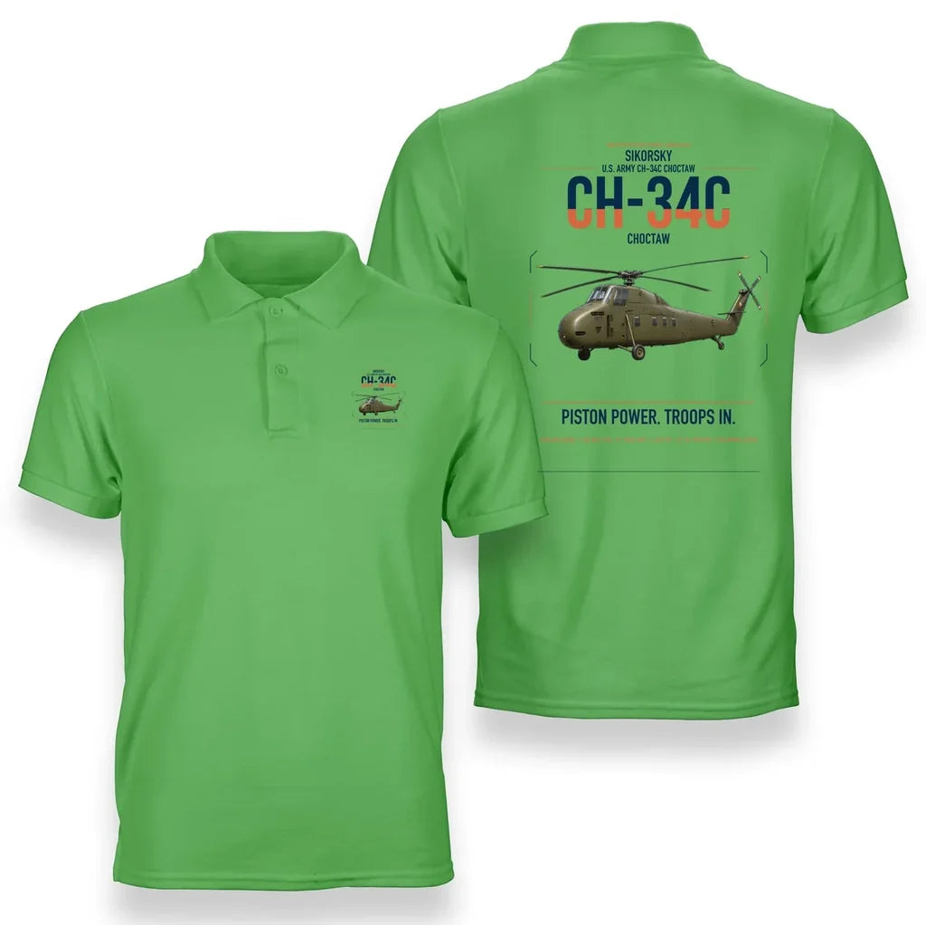 Sikorsky CH-34C Choctaw design on light green double-side polo t-shirt, double-side print