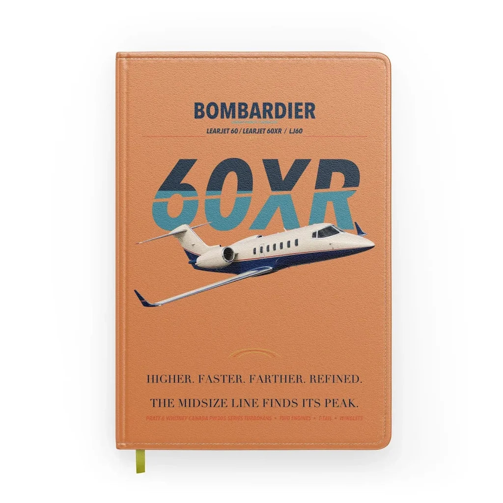 Bombardier Learjet 60XR design on orange notebook