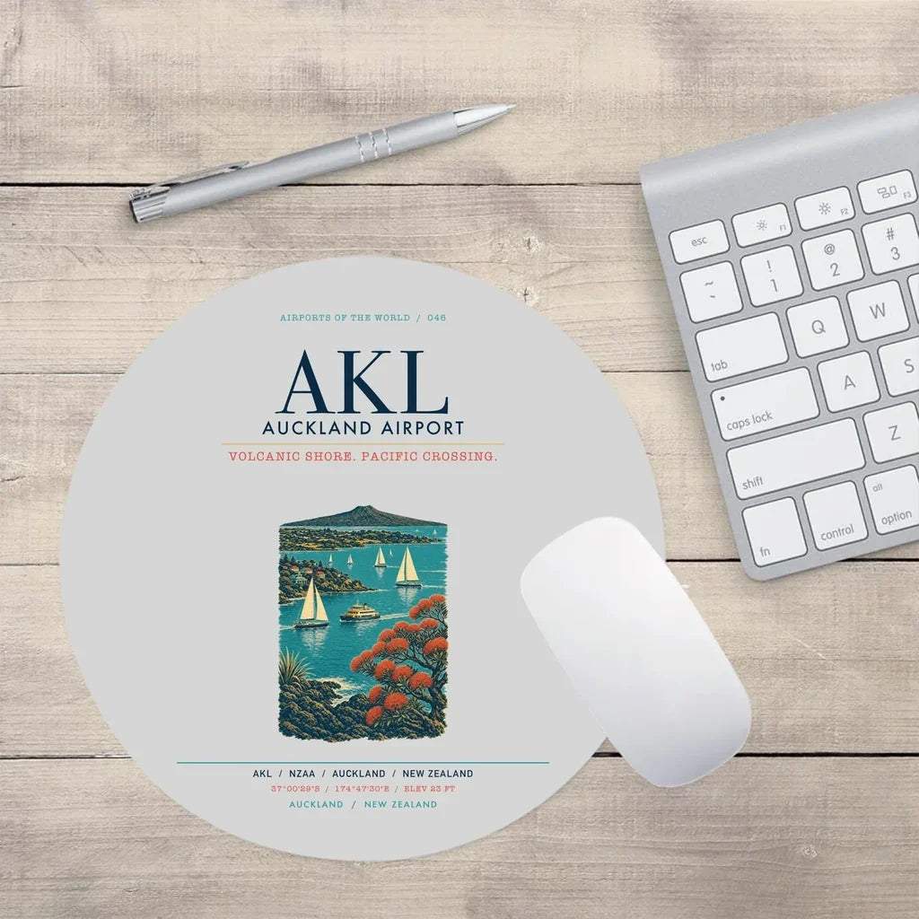 Auckland Airport (AKL) design on light gray round mouse pad
