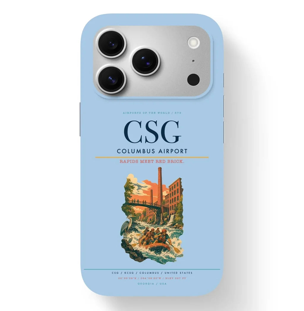 Columbus Airport (CSG) design on light blue iPhone 17 Pro MagSafe case