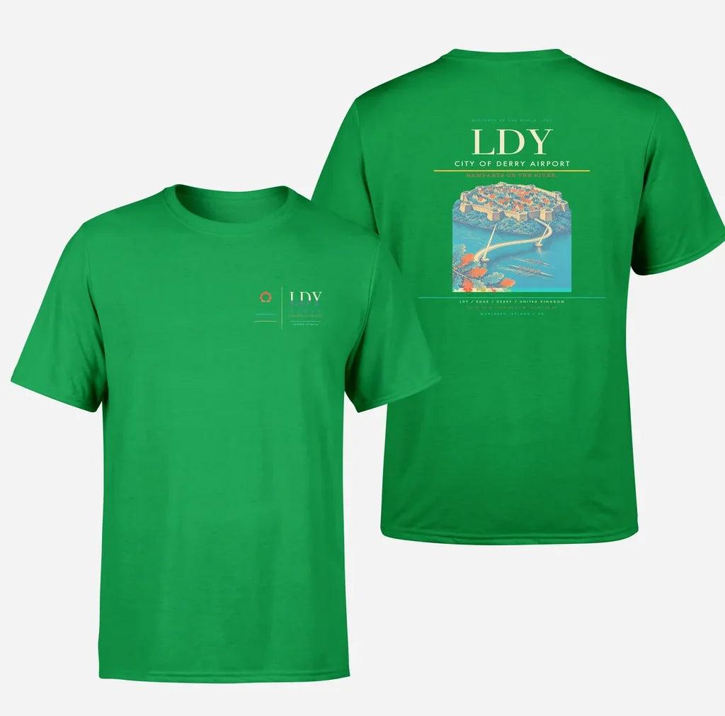City of Derry Airport (LDY) design printed on green double-side t-shirt