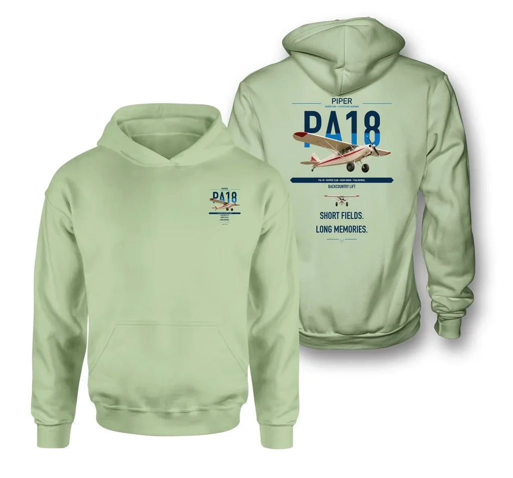 Piper PA-18 Super Cub design on light green double-side hoodie, double-side print