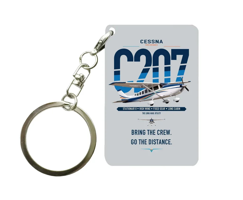 Cessna T207A Stationair 8 design on light gray designed key chain, double-side print