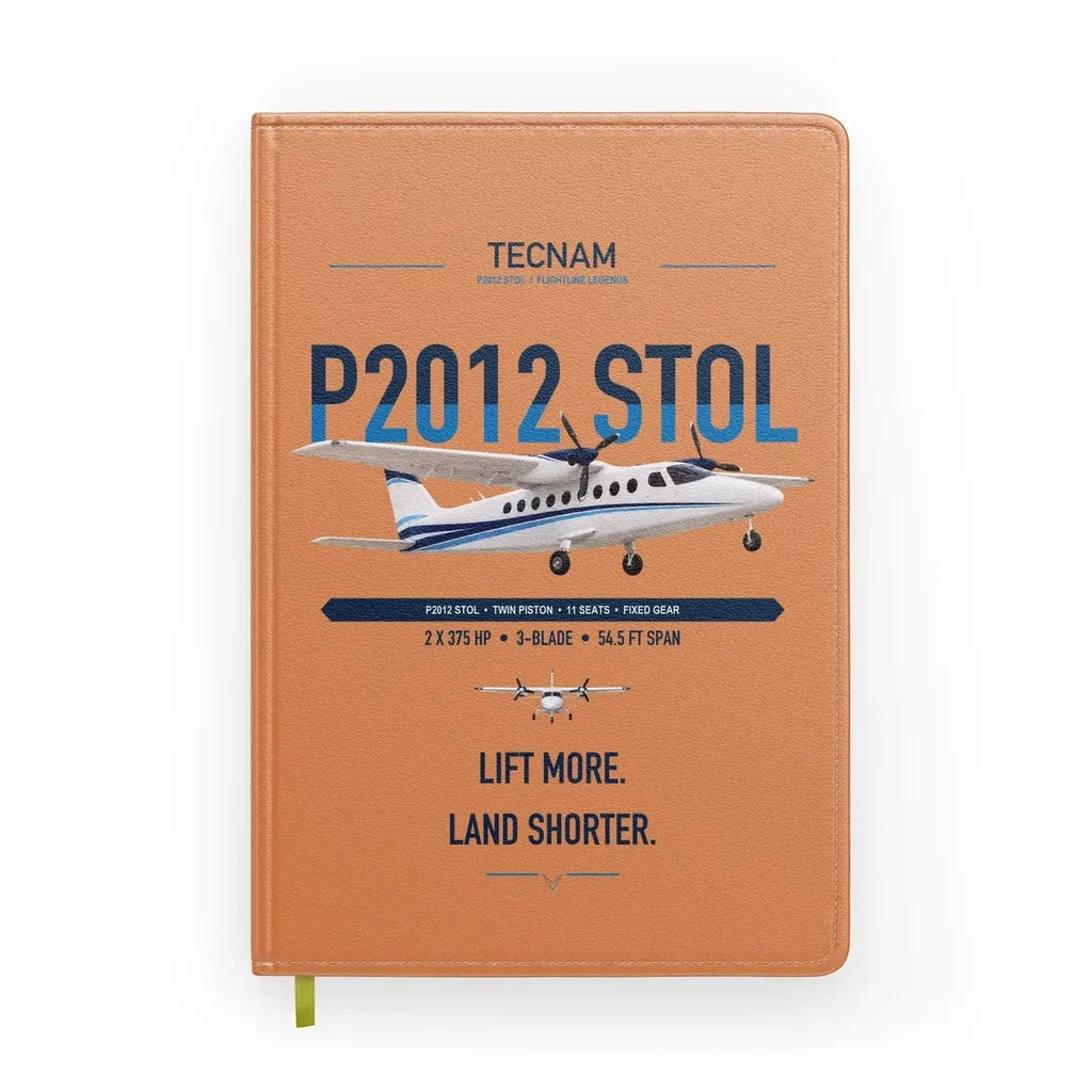 Tecnam P2012 STOL design on orange notebook