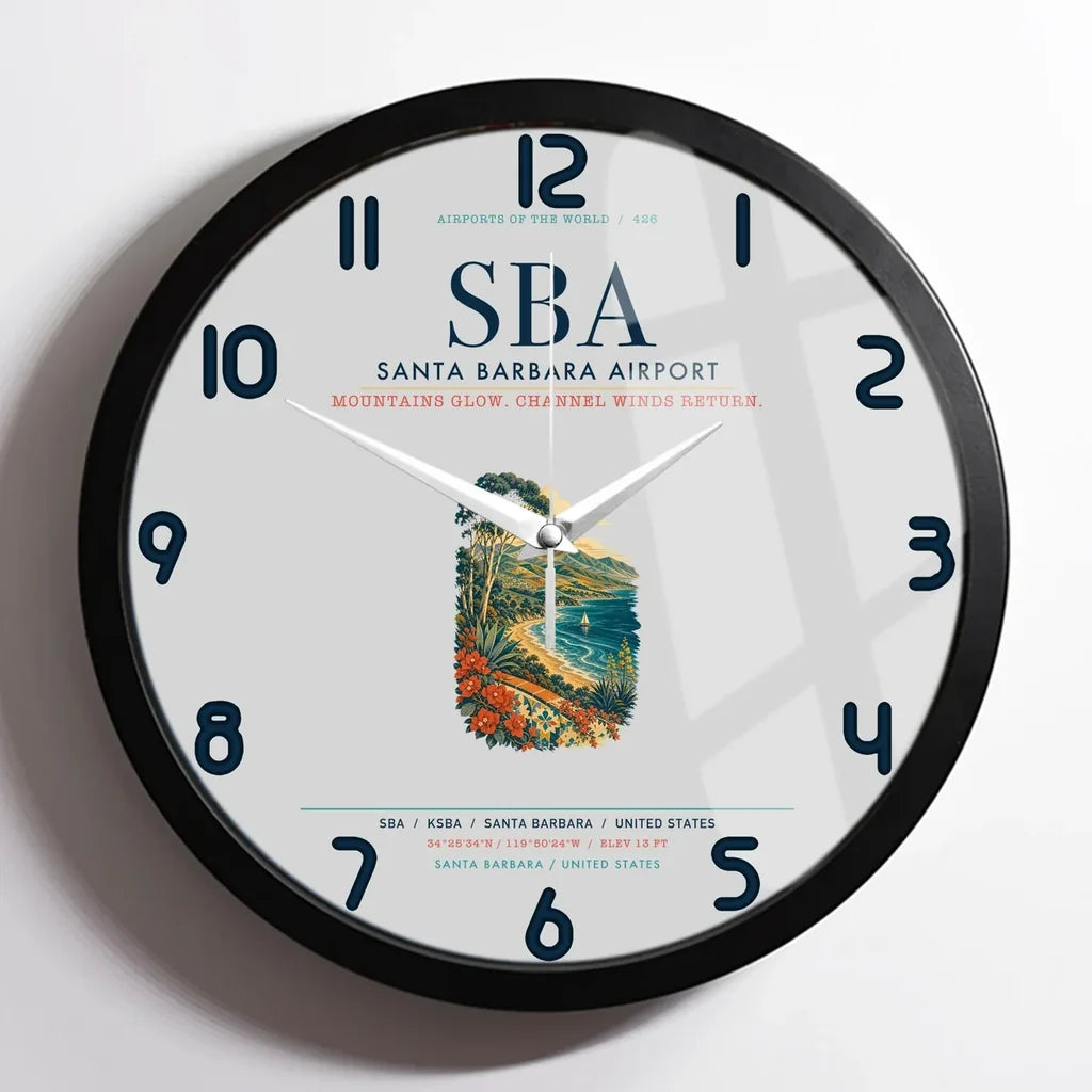 Santa Barbara Airport (SBA) design on light gray framed wall clock