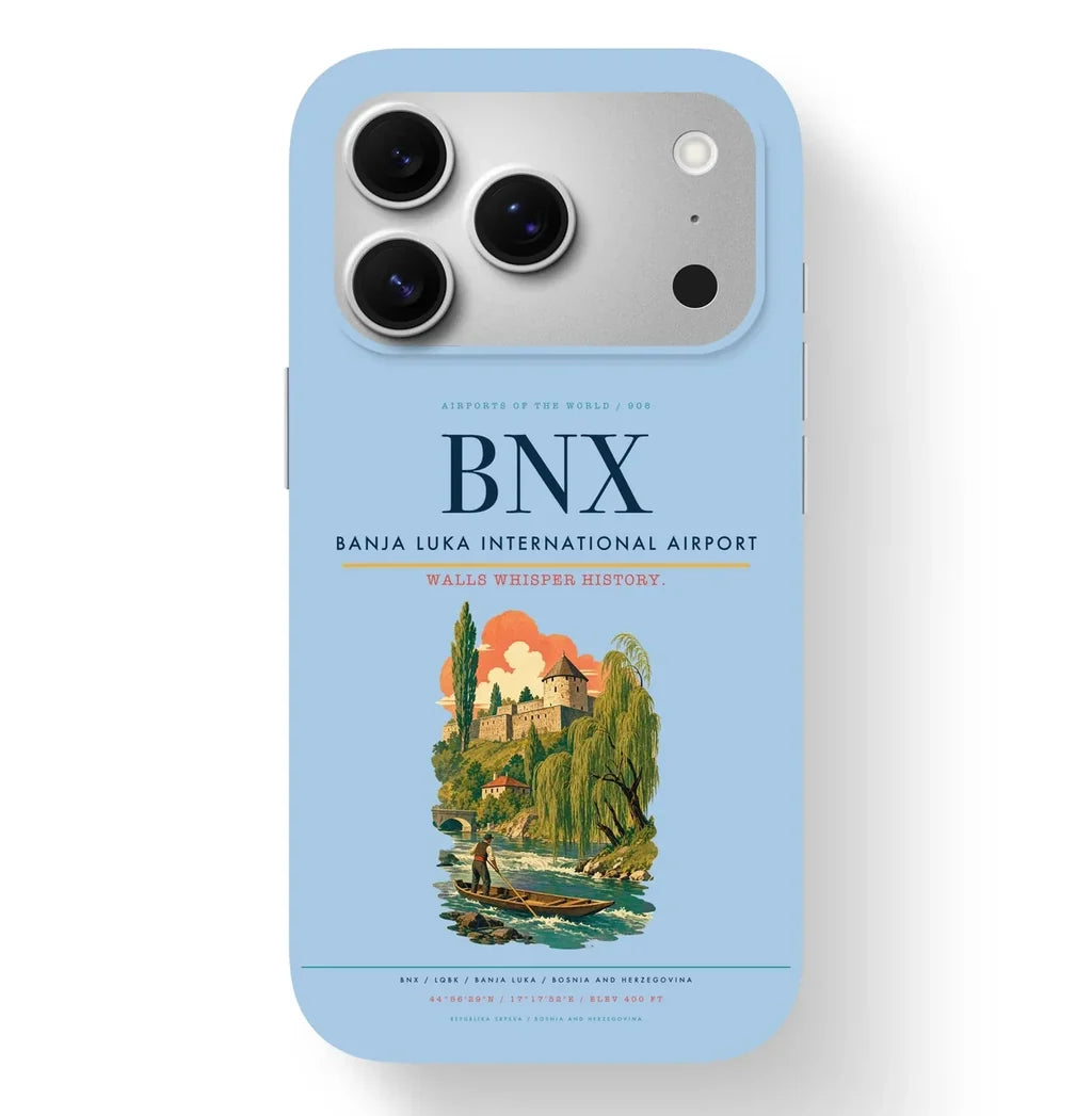 Banja Luka Airport (BNX) design on light blue iPhone 17 Pro MagSafe case