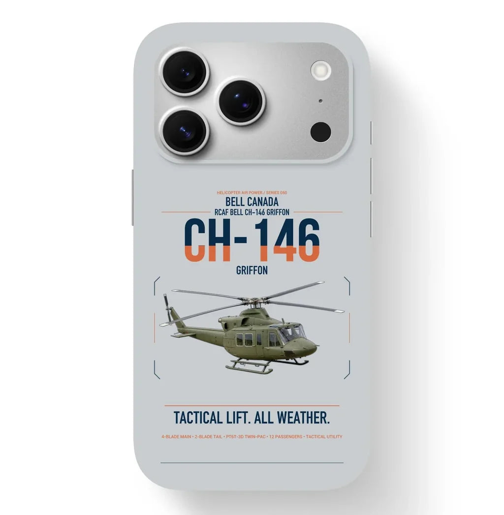 Bell Canada CH-146 Griffon design on light gray magsafe iphone case, for iPhone 17 Pro
