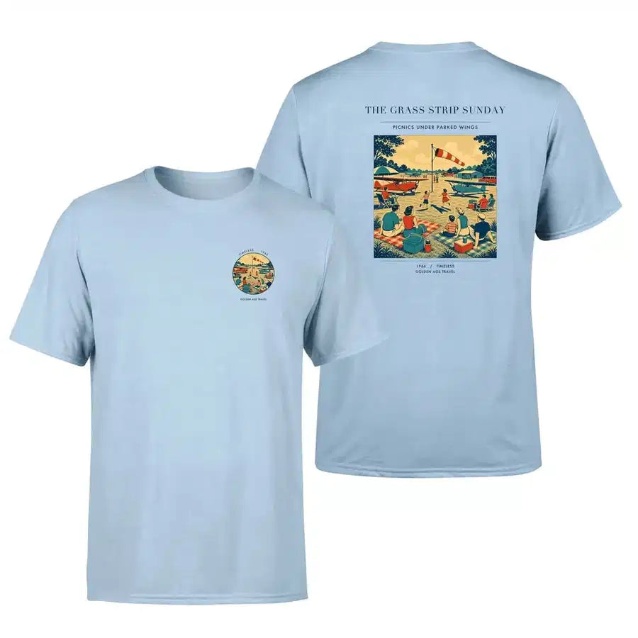 VINTAGE G4241 - The Grass Strip Sunday - Double-Side T-Shirt design on lightblue double side t shirt
