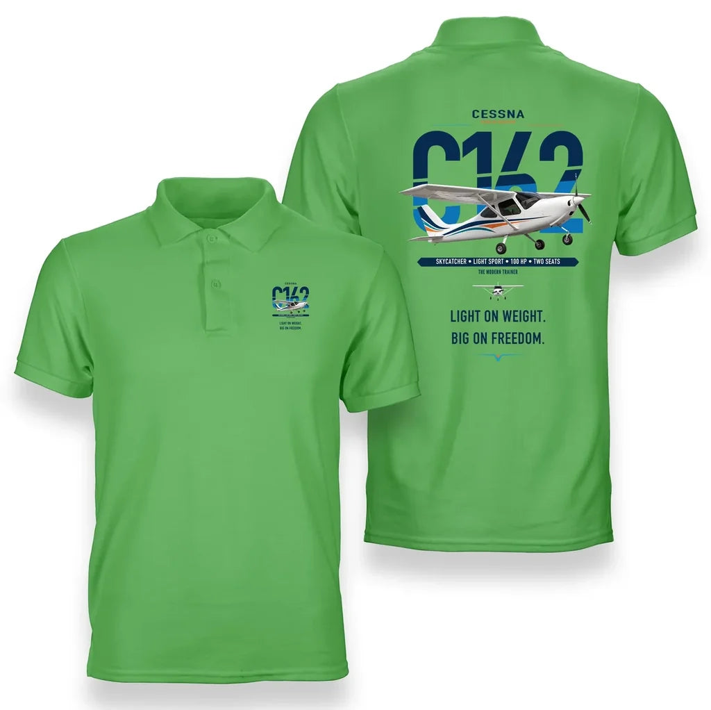 Cessna 162 Skycatcher design on light green double-side polo t-shirt, double-side print
