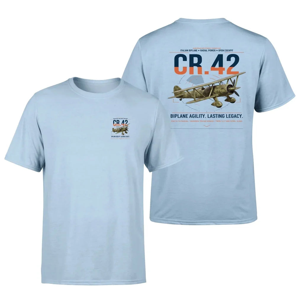 Fiat CR.42 Falco design on light blue t-shirt, double-side print