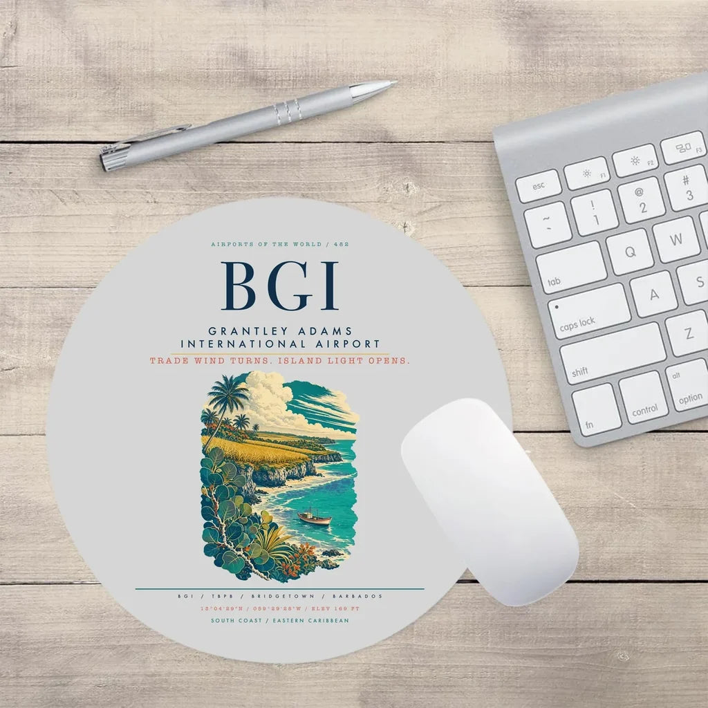 Grantley Adams International Airport (BGI) design on light gray round mouse pad