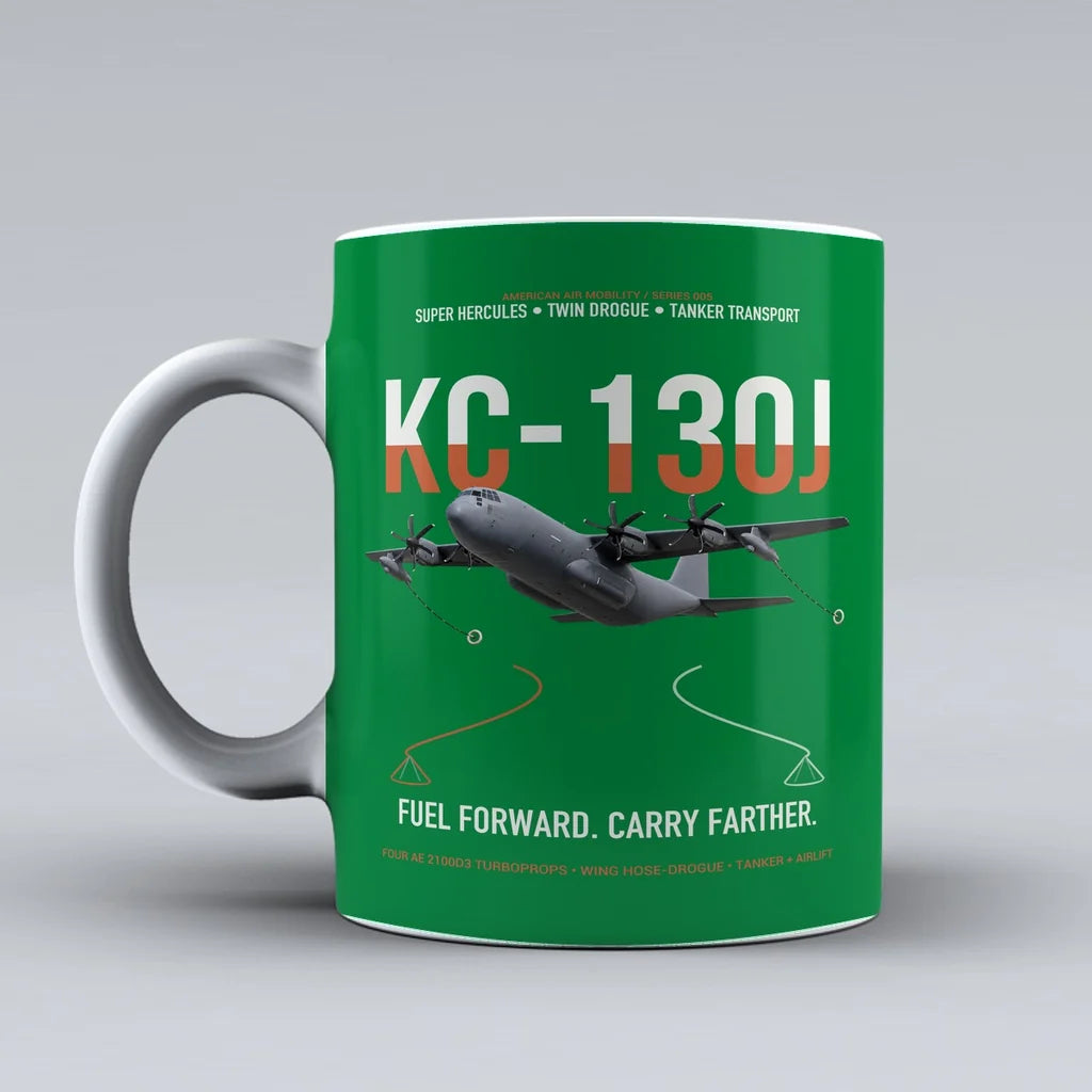 KC-130J SUPER HERCULES design on green ceramic mug, double-side print