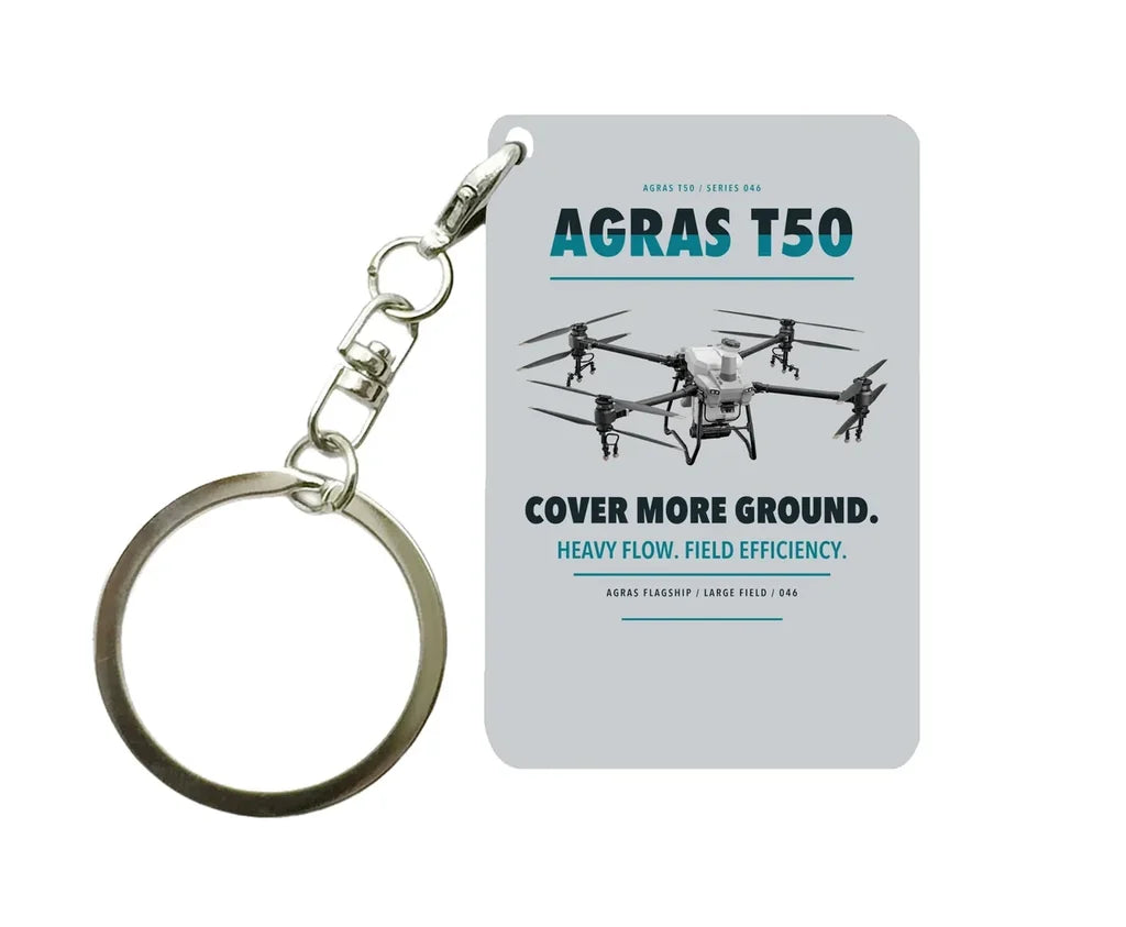 DJI Agras T50 Key Chain design on light gray key chain